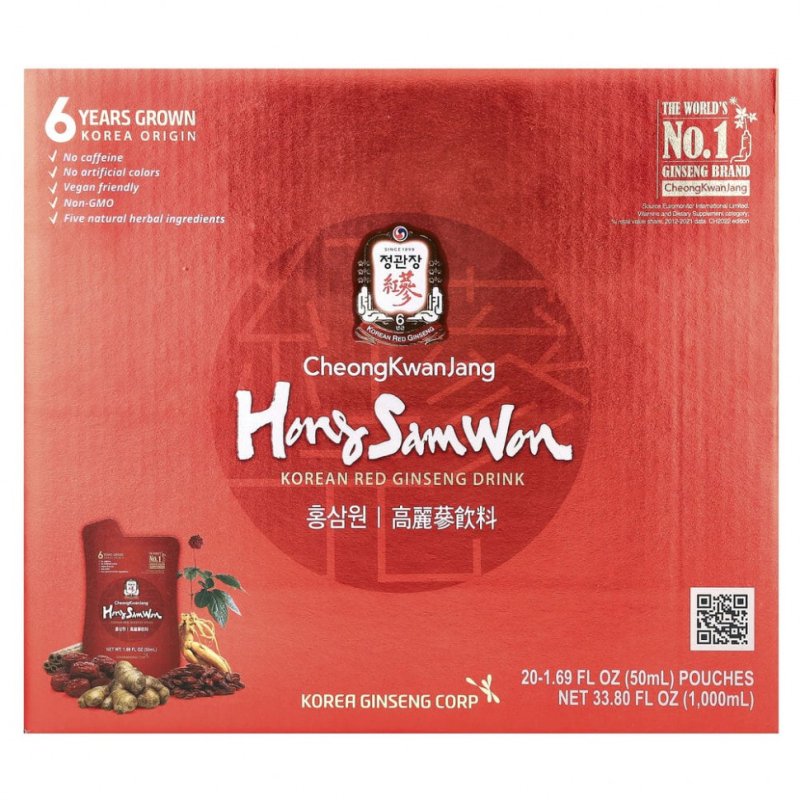 Cheong Kwan Jang, Hong Sam Won, напиток из корейского красного женьшеня, 20 пакетиков, 50 мл каждый