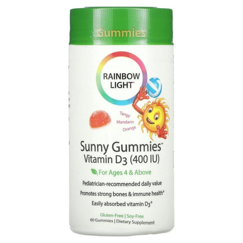 Rainbow Light, Sunny Gummies, витамин D3, терпкий мандарин и апельсин, для детей возрастом от 4 лет, 400 МЕ, 60 жевательных конфет