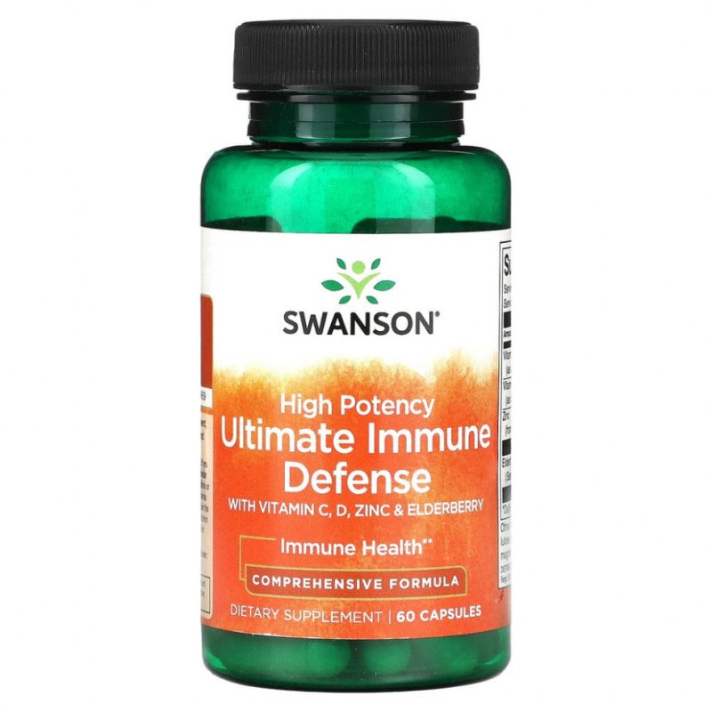Swanson, Высокоэффективная и надежная иммунная защита с витамином C, D, цинком и бузиной, 60 капсул
