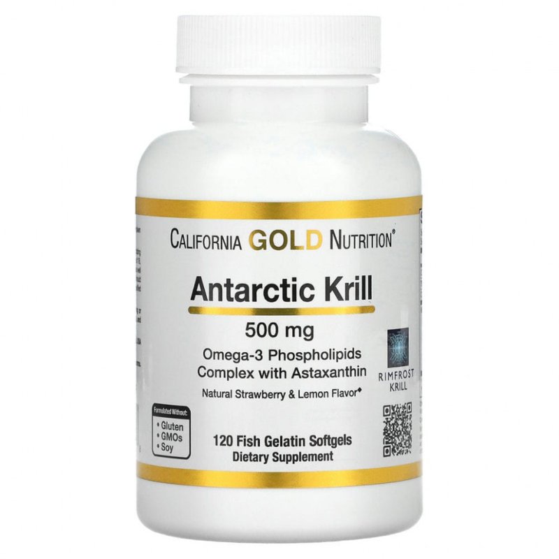 California Gold Nutrition, масло антарктического криля RIMFROST с астаксантином, натуральный клубнично-лимонный вкус, 500 мг, 120 рыбно-желатиновых мягких таблеток