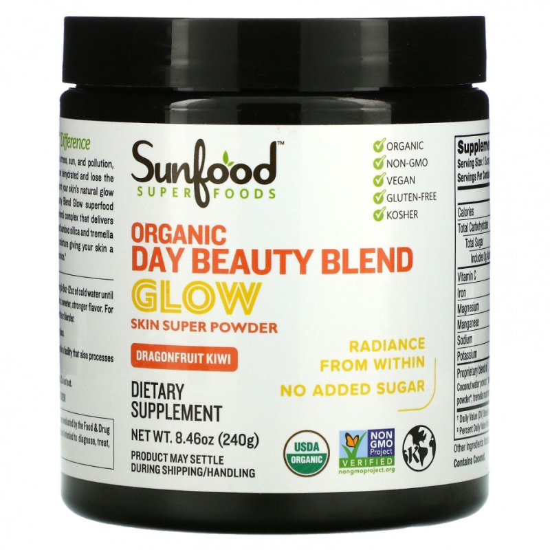 Sunfood, Organic Day Beauty Blend, Glow, драконий фрукт и киви, 240 г (8,46 унции)