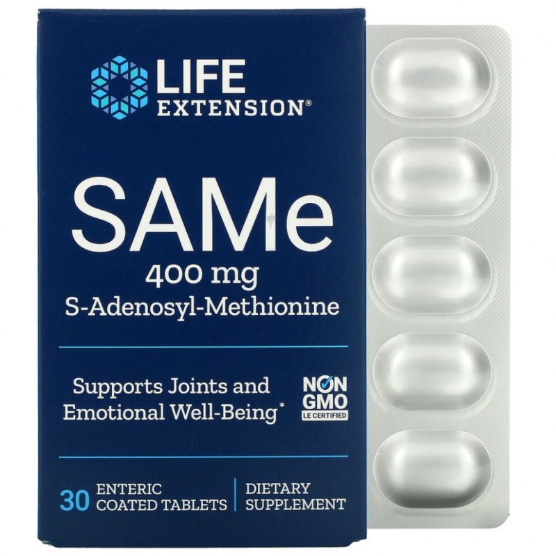 Life Extension, SAMe, S-аденозилметионин, 400 мг, 30 таблеток, покрытых кишечнорастворимой оболочкой