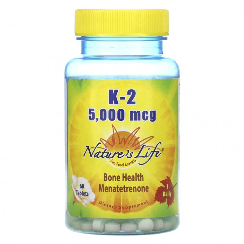 Nature's Life, K-2, менатетренон, 5 000 мкг, 60 таблеток