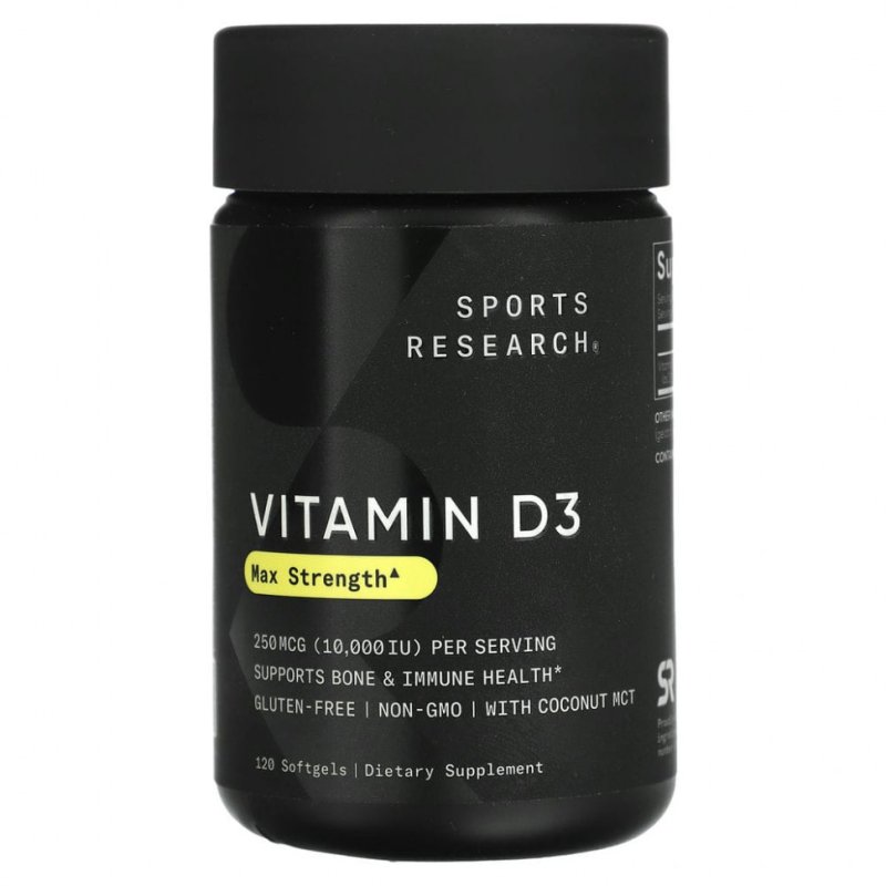 Sports Research, витамин D3 с кокосовым маслом, 250 мкг (10 000 МЕ), 120 мягких таблеток