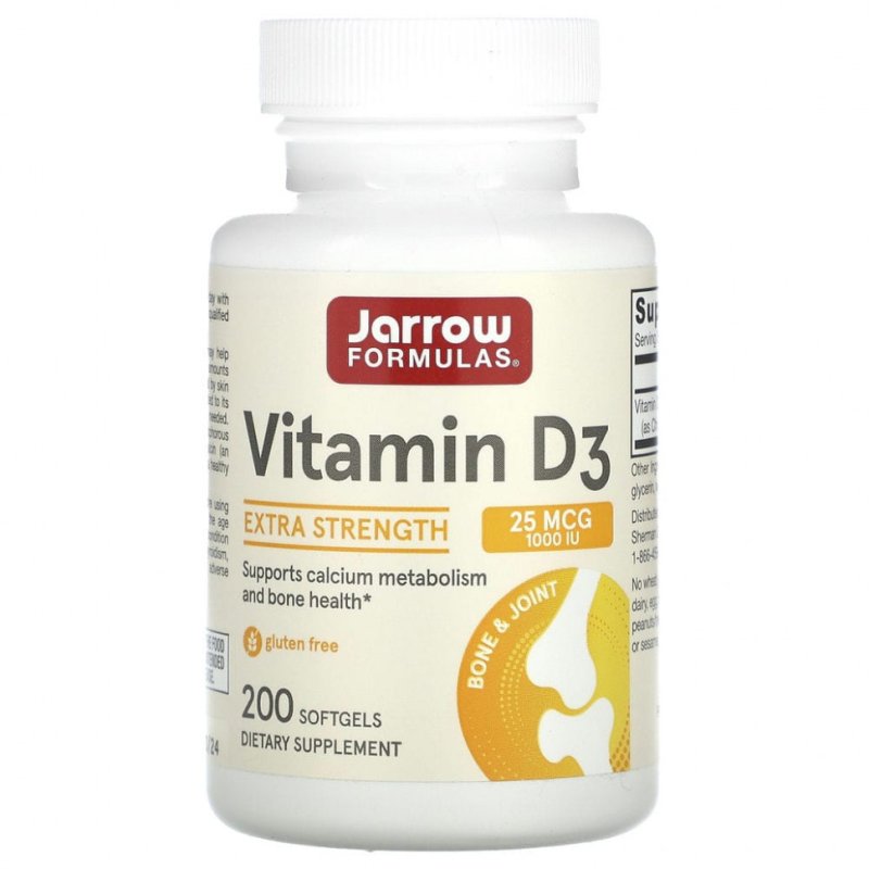 Jarrow Formulas, витамин D3, холекальциферол, 25 мкг (1000 МЕ), 200 мягких таблеток