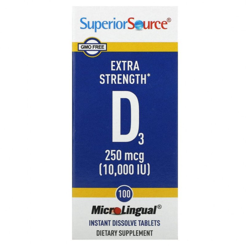 Superior Source, витамин D3 повышенной силы действия, 250 мкг (10 000 МЕ), 100 быстрорастворимых таблеток MicroLingual