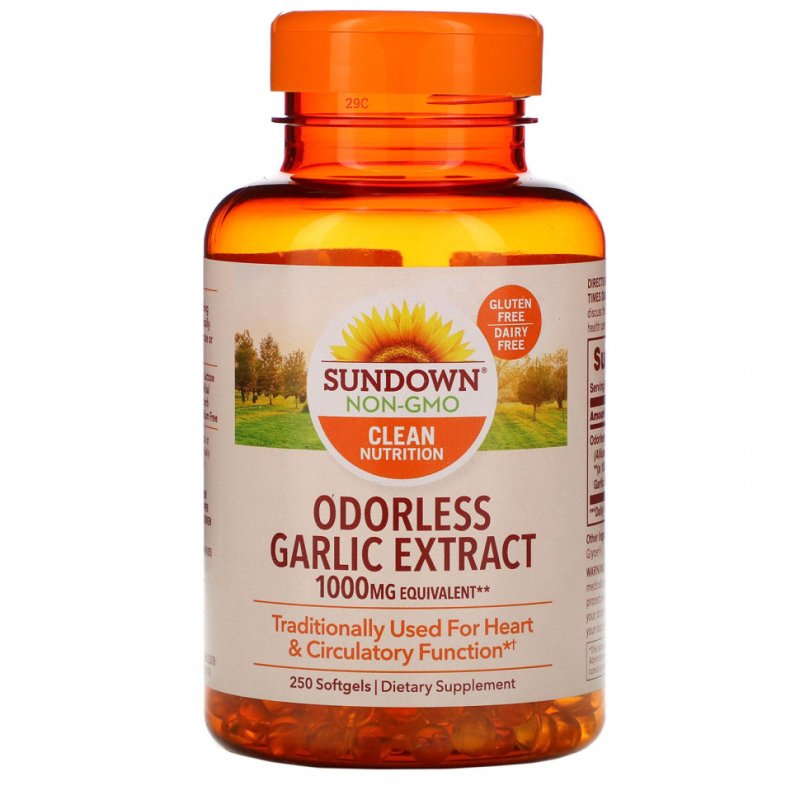 Sundown Naturals, Чесночный экстракт без запаха, 1000 мг, 250 мягких таблеток